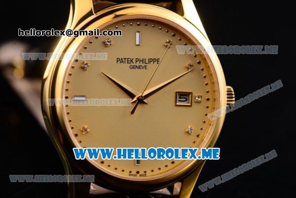 Patek Philippe Calatrava Miyota Quartz Yellow Gold Case with Yellow Gold Dial and Black Leather Strap Diamonds Markers - Click Image to Close
